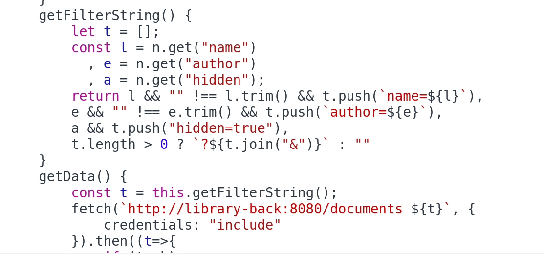 Code generating query params for author, name, and hidden